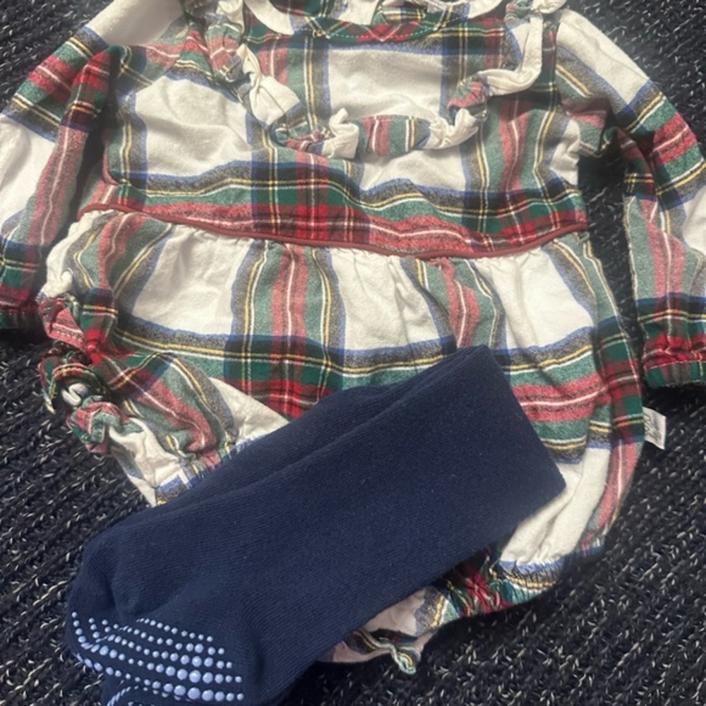 RuffleButts 6-12M Plaid Holiday Set w/ Tights
